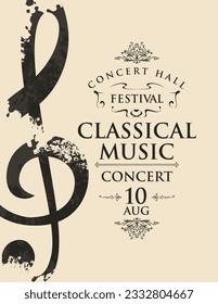 Poster for a live classical music concert. Vector banner, flyer, invitation, ticket or advertising banner with an abstract treble clef in the form of bright spots of paint