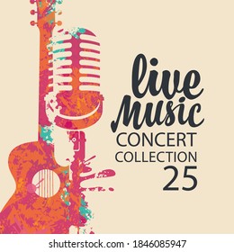 Poster for a live music concert with a bright abstract guitar, microphone and lettering on a light background in retro style. Suitable for vector banner, flyer, invitation, ticket, advertisement