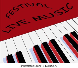 Poster live music festival. The image of the piano on a red background. Vector illustration.
