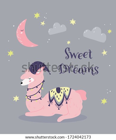 Poster with a llama with a star and a month on a grey background with the inscription "sweet dreams", a print on pyjamas or cozy poster.
