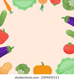 poster for local farmers market and harvest festival. vector templates . Flat illustrations of vegetable harvest. Frame with vegetables. Space for text. harvest festival