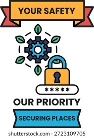 Un afiche con un candado y una llave que dice "Tu seguridad es nuestra prioridad". El cartel es blanco y negro y tiene una cinta