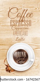 Poster in loft wood color shown with a cup lettering drink good coffee.