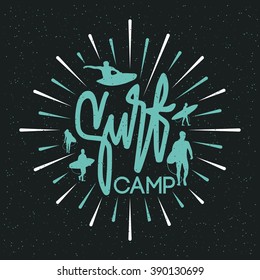 Poster, logo badge with rays and surfers. Surf camp. Vector illustration on grunge texture background