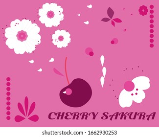 Poster, logo, cover, sticker, Cherry flowers and cherry berries, butterflies, petals
