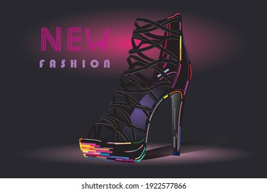 diseño del logotipo del afiche del zapato de tacón alto para la nueva colección y publicidad de moda de zapatos para las niñas. zapatos de fiesta con varias franjas de color. vector de ilustración.