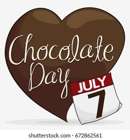 Poster with loose-leaf calendar and delicious chocolate heart ready to be eaten in Chocolate Day celebration.