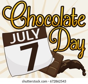 Poster with loose-leaf calendar with reminder date for Chocolate Day and some delicious presentations: candy bar and liquid cocoa for beverages.