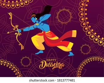 poster of lord Rama with bow and arrow, label happy Dussehra vector illustration design