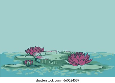 poster with lotus in water and place for text, can be used as summer party invitation, sketch style vector illustration 
