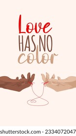Poster love has no color with two hands connected with the red thread in form of heart. Love banner concept template, skin color, diversity. Man and woman, hands.