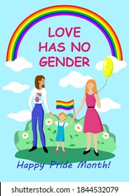 Poster Love has no gender. Happy pride month. Support for the lgbt community. Equality and Rights. Lesbian couple with baby and rainbow flag at gay pride parade. Stock vector flat illustration.