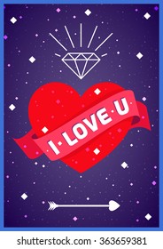 Poster with love heart in space. I love you sign surrounded with stars. Pretty nice romantic placard vector illustration.
