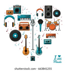 poster i love music with colorful silhouette of musical instruments and playback devices