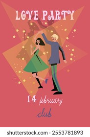 poster love party dance, valentise day, dance couple, flaer date retro vintage