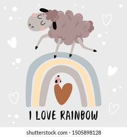 poster I love rainbow with a lamb - vector illustration, eps