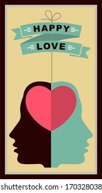Poster Love in retro style with two human faces and one heart for two