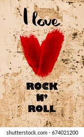 Poster I love rock and roll with a red heart.