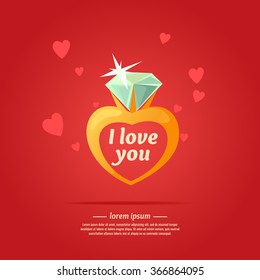 Poster I love you. A ring with a diamond in cartoon style. Vector illustration on red background.