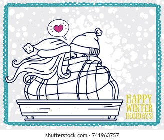 poster for lovely christmas or valentine's day with cute kissing couple and snow, vector illustration
