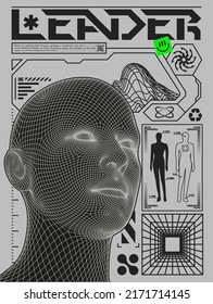 Poster low poly head, 3d human face mesh structure. In futuristic style, with techno design elements, print for a clothing brand, t-shirts, hoodies, banners