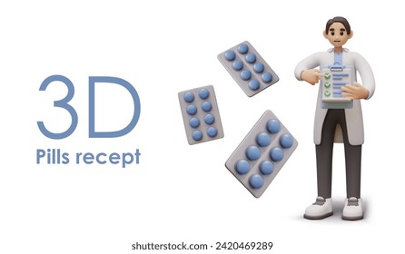 Poster with lying blister with blue round pills, young pediatrician holding checklist