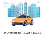 Poster with the machine yellow cab in the city. Public taxi service concept. Cityscape on the background. Flat vector illustration.