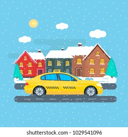 Poster with the machine, yellow cab in the city. Taxi service concept. Cityscape on the winter background. Flat vector illustration.