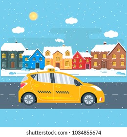 Poster with the machine yellow cab in the city. Public taxi service concept with house on winter background. Flat vector illustration.