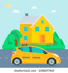 Poster with the machine yellow cab in the city. Public taxi service concept with house on the background. Flat vector illustration.