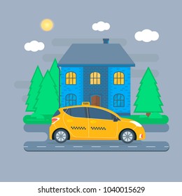 Poster with the machine yellow cab in the city. Public taxi service concept. Flat vector illustration.