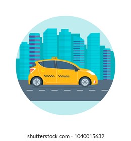 Poster with the machine yellow cab in the city. Public taxi service concept. Cityscape on the background. Flat vector illustration.
