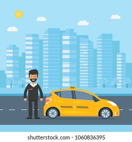 Poster with the machine yellow cab in the city. Public taxi service concept. Cityscape on the background. Flat vector illustration.