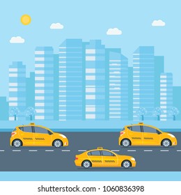 Poster with the machine yellow cab in the city. Public taxi service concept. Cityscape on the background. Flat vector illustration.