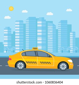 Poster with the machine yellow cab in the city. Public taxi service concept. Cityscape on the background. Flat vector illustration.