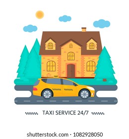 Poster with the machine yellow cab in the city. Public taxi service concept. Cityscape on the background. Flat vector illustration.