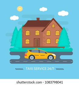 Poster with the machine yellow cab in the city. Public taxi service concept. Cityscape on the background. Flat vector illustration.