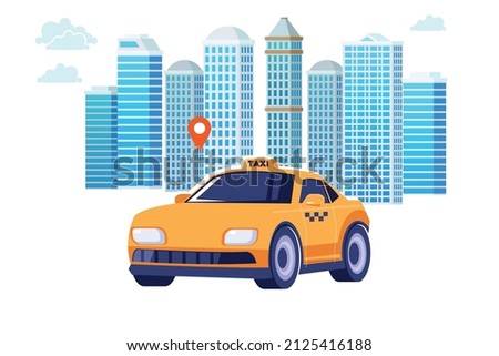 Poster with the machine yellow cab in the city. Public taxi service concept. Cityscape on the background. Flat vector illustration.
