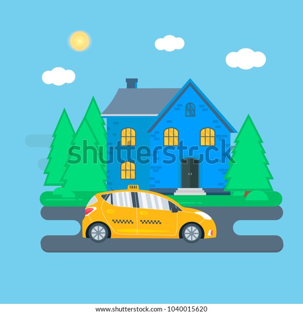 Poster with the\
machine yellow cab in the city. Public taxi service concept. Flat\
vector illustration.