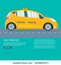 Poster with the machine yellow cab. Public taxi service concept. Flat vector illustration.