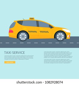 Poster with the machine yellow cab. Public taxi service concept. Isolated on white background. Flat vector illustration.