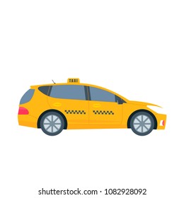 Poster with the machine yellow cab. Public taxi service concept. Isolated on white background. Flat vector illustration.