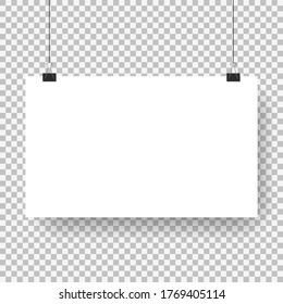 Afiche de papel blanco colgado en los clips del enlace con sombras. Plantilla de volante, hoja, marco sobre un fondo transparente. Ilustración vectorial eps 10