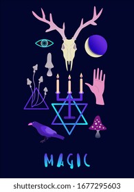 Poster with magic items. Greeting card, invitation with symbols and elements of fortune-telling and predictions on a indigo blue background. All objects are grouped and isolated. Halloween set.