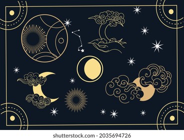 Poster with magic object. Picture with sun, crescent moon, star and golden frame. Design element for social network and wall decoration. Line art flat vector illustration isolated on black background