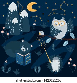 poster with magical animals in the forest - vector illustration, eps