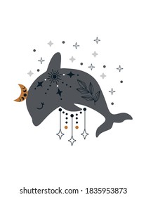 poster with magical dolphin - vector illustration, eps