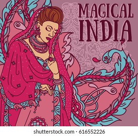 poster for magical india with beautiful indian woman in traditional saree and paisley ornament, vector illustration