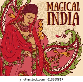 poster for magical india with beautiful indian woman in traditional saree and paisley ornament, vector illustration