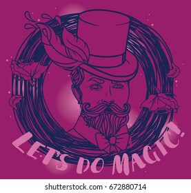 poster for magician perfomance in gypsy style, can be used for retro circus party, lilac colors, vector illustration